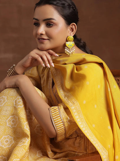 Gerua Yellow Printed Silk Blend Anarkali Suit With Dupatta
