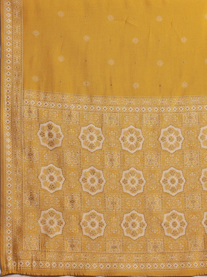 Gerua Yellow Printed Silk Blend Anarkali Suit With Dupatta