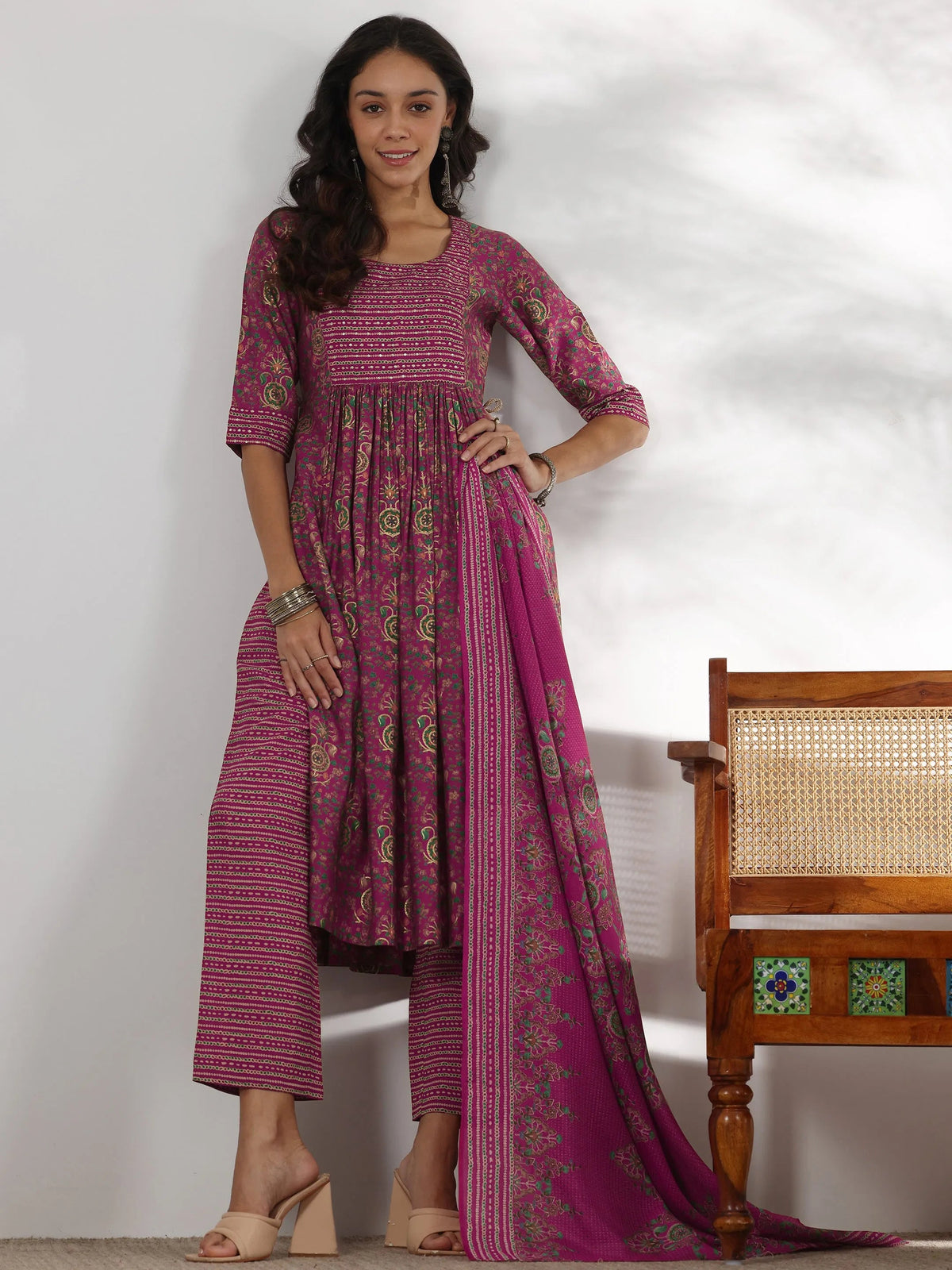 Libas Pink Printed Silk Blend A-Line Kurta With Trousers & Dupatta