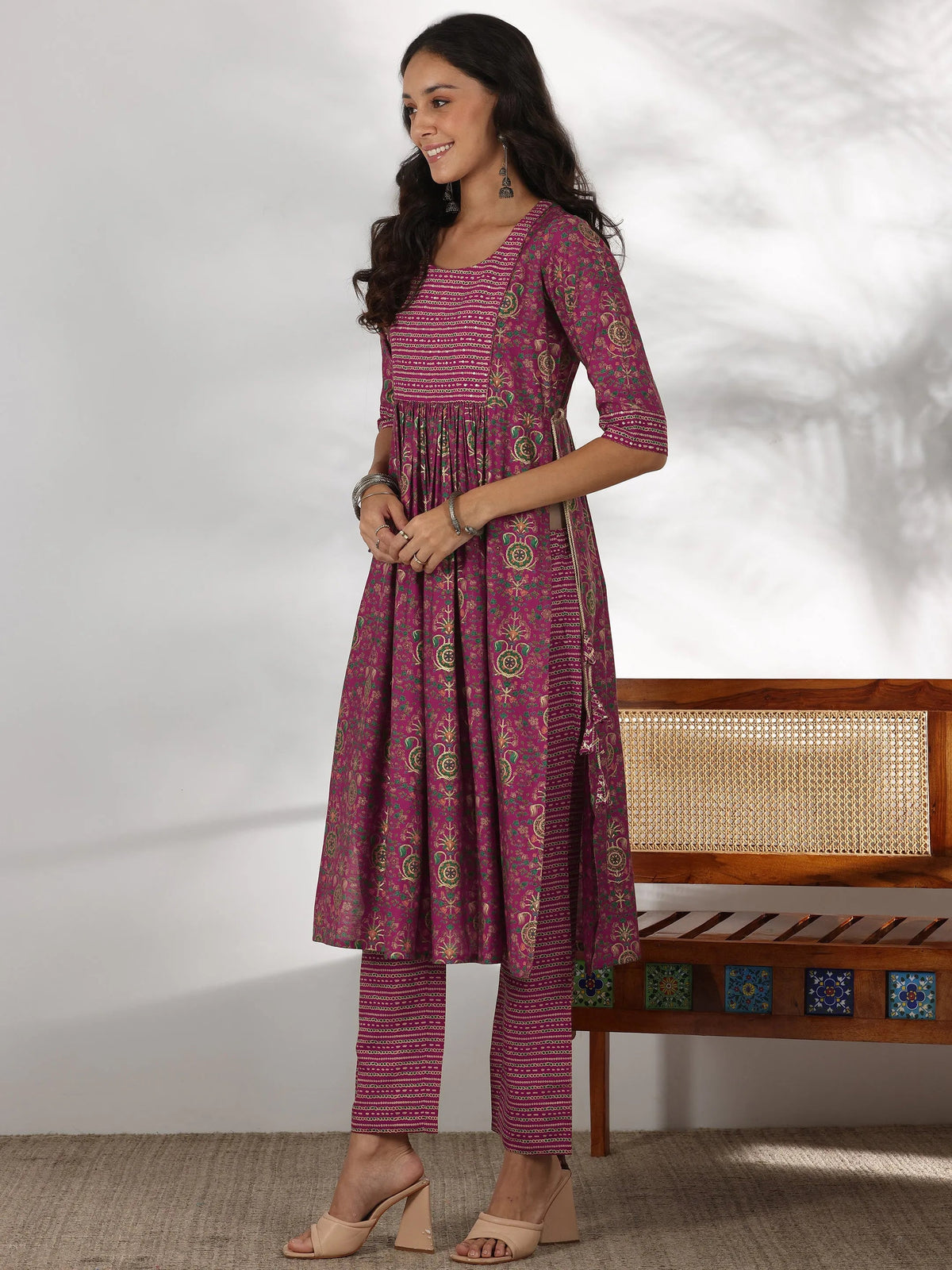 Libas Pink Printed Silk Blend A-Line Kurta With Trousers & Dupatta