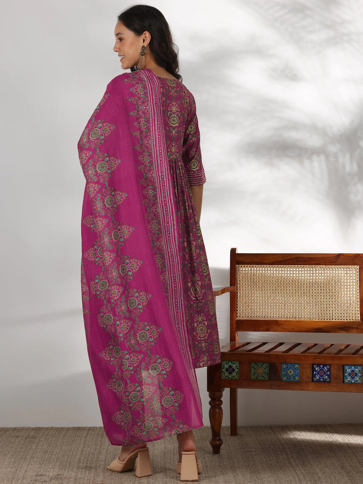 Libas Pink Printed Silk Blend A-Line Kurta With Trousers & Dupatta