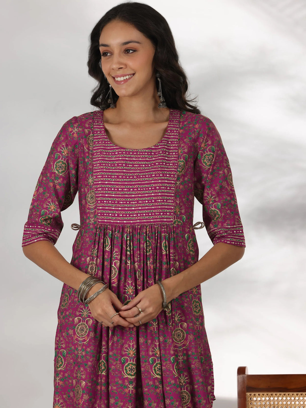 Libas Pink Printed Silk Blend A-Line Kurta With Trousers & Dupatta