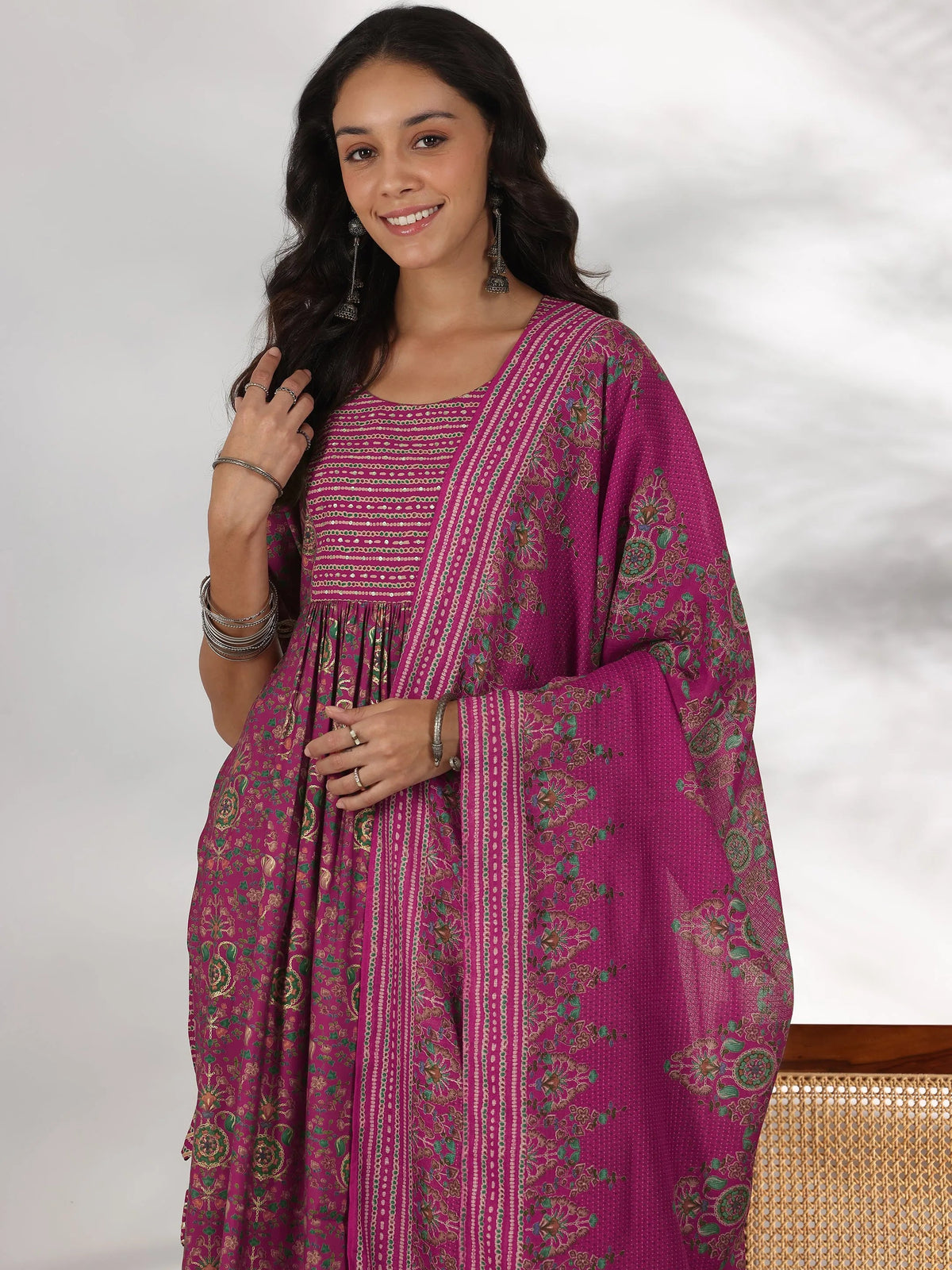Libas Pink Printed Silk Blend A-Line Kurta With Trousers & Dupatta