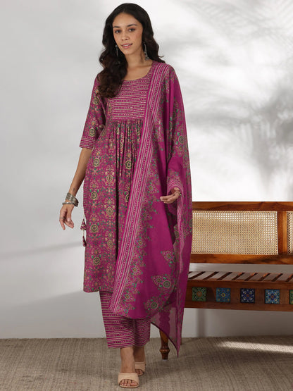 Libas Pink Printed Silk Blend A-Line Kurta With Trousers & Dupatta