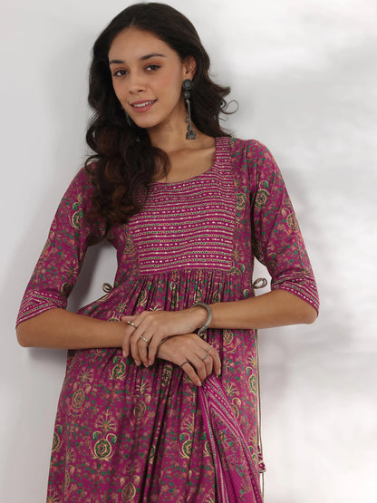 Libas Pink Printed Silk Blend A-Line Kurta With Trousers & Dupatta