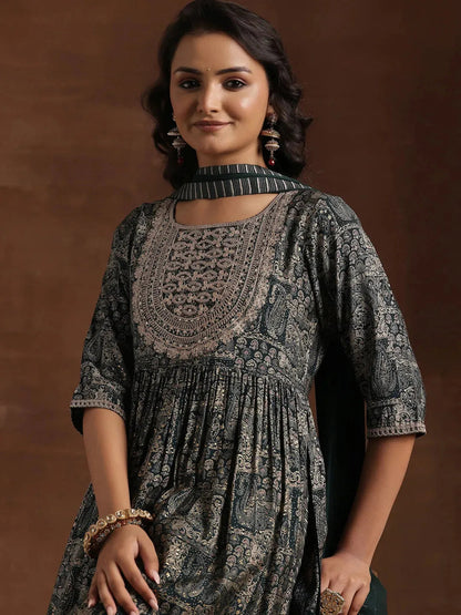 Gerua Green Printed Silk Blend A-Line Kurta With Trousers & Dupatta