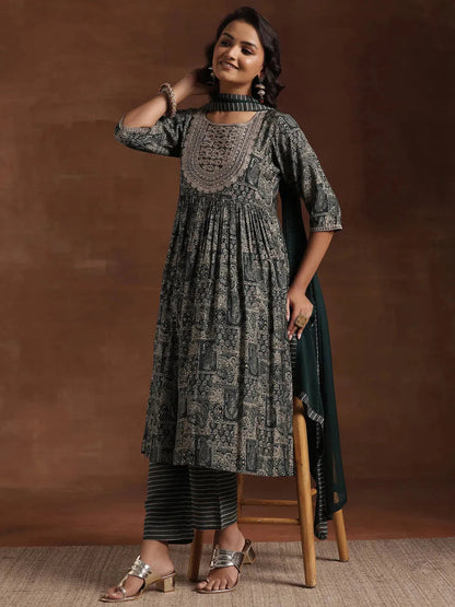 Gerua Green Printed Silk Blend A-Line Kurta With Trousers & Dupatta