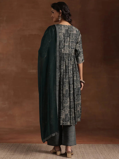 Gerua Green Printed Silk Blend A-Line Kurta With Trousers & Dupatta