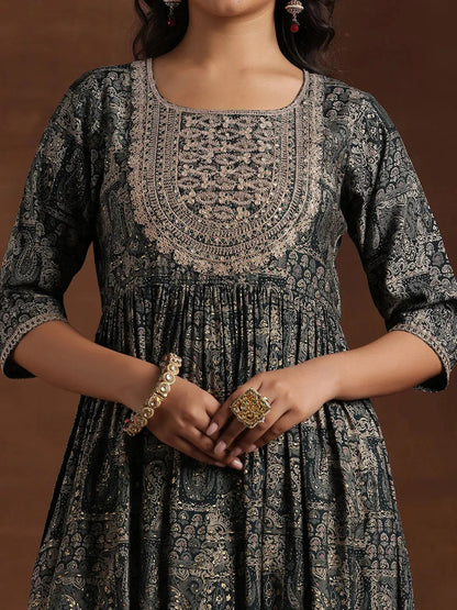 Gerua Green Printed Silk Blend A-Line Kurta With Trousers & Dupatta