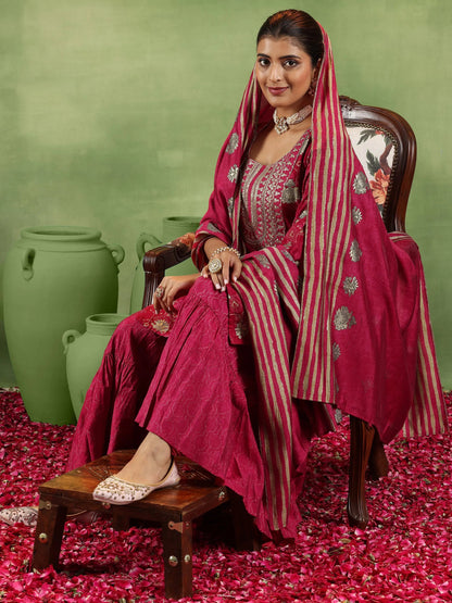 Libas Pink Printed Silk Blend Straight Suit With Dupatta