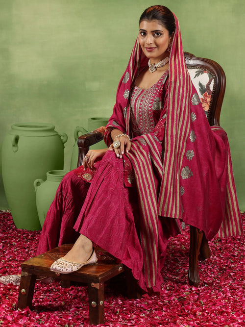 Libas Pink Printed Silk Blend Straight Suit With Dupatta
