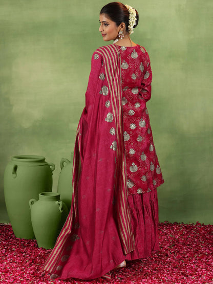 Libas Pink Printed Silk Blend Straight Suit With Dupatta