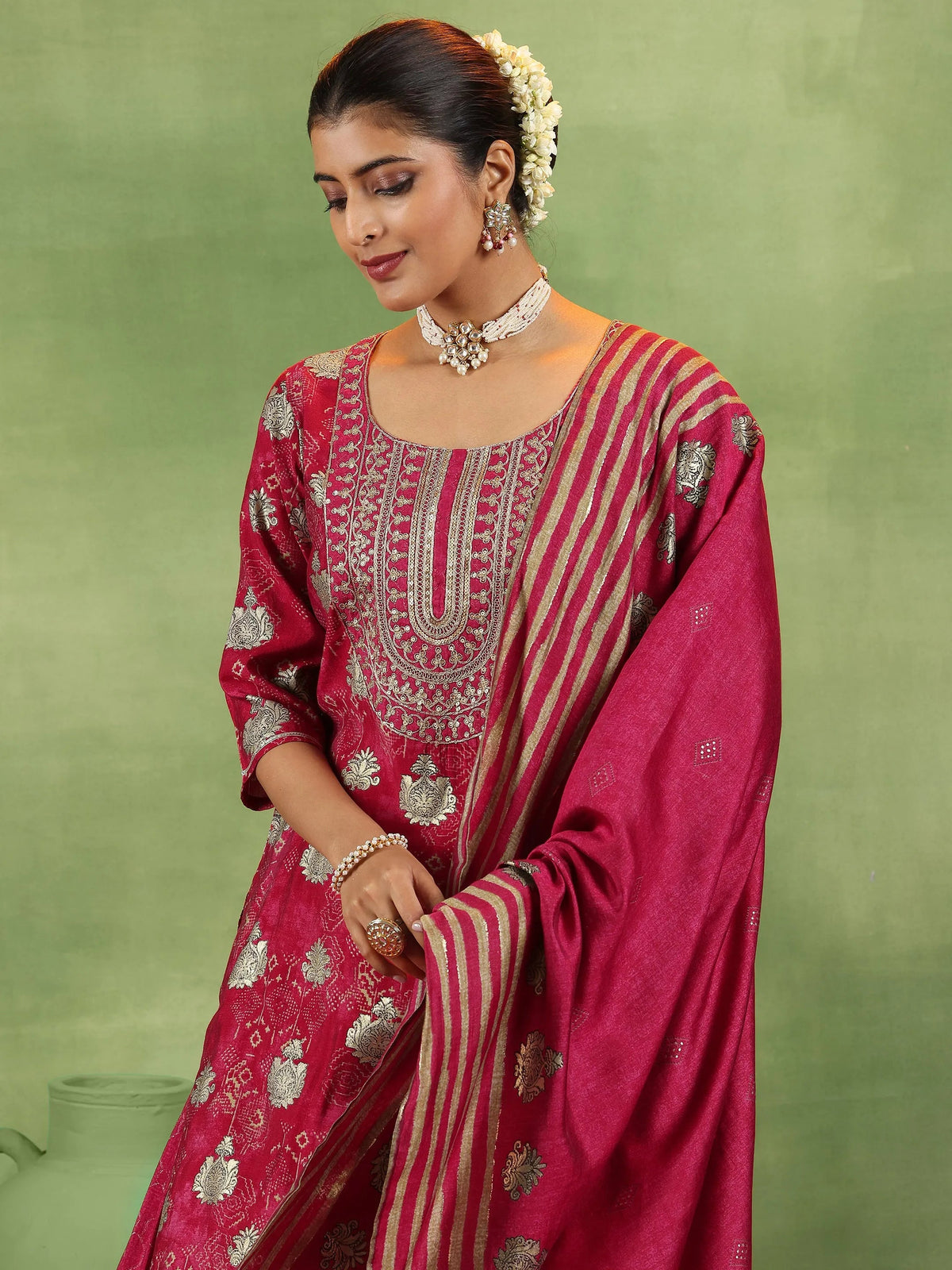 Libas Pink Printed Silk Blend Straight Suit With Dupatta