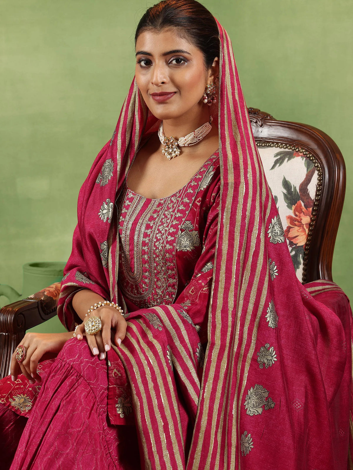 Libas Pink Printed Silk Blend Straight Suit With Dupatta
