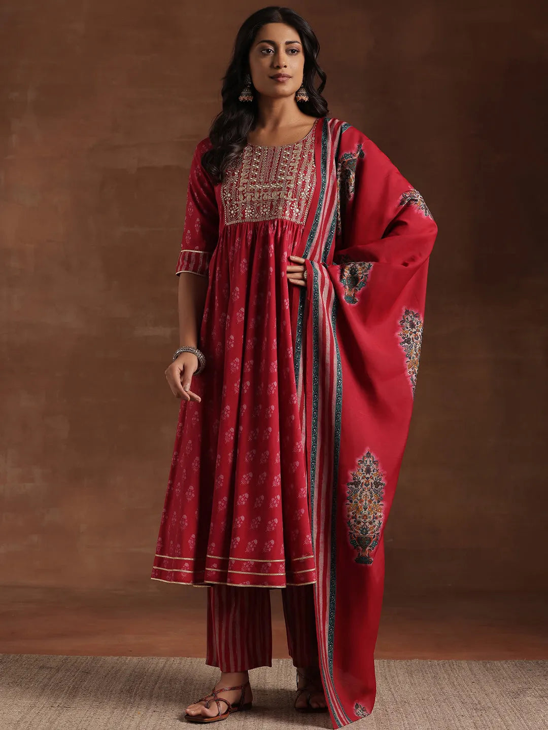 Libas Pink Printed Silk Blend Anarkali Suit With Dupatta