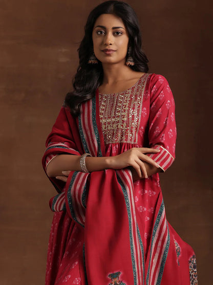 Libas Pink Printed Silk Blend Anarkali Suit With Dupatta