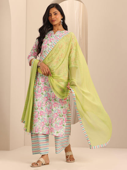 Libas Off White Printed Cotton Straight Suit With Dupatta