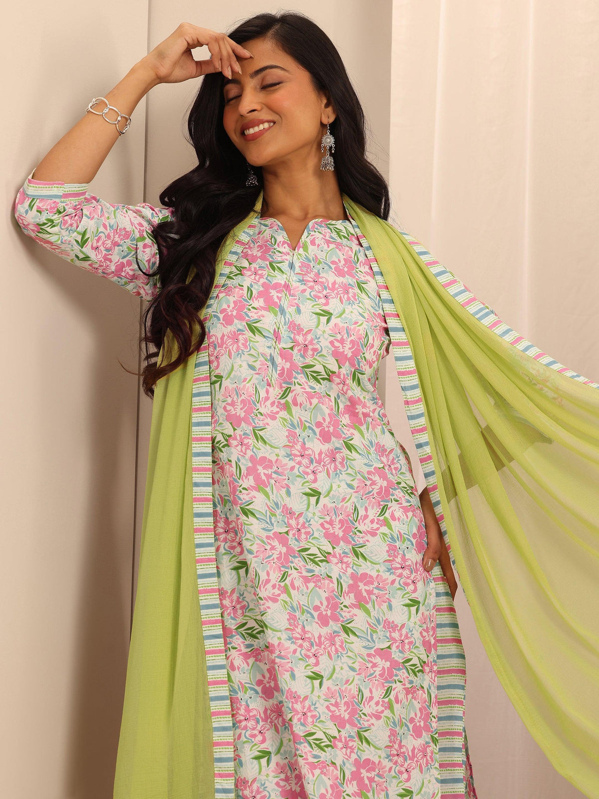 Libas Off White Printed Cotton Straight Suit With Dupatta