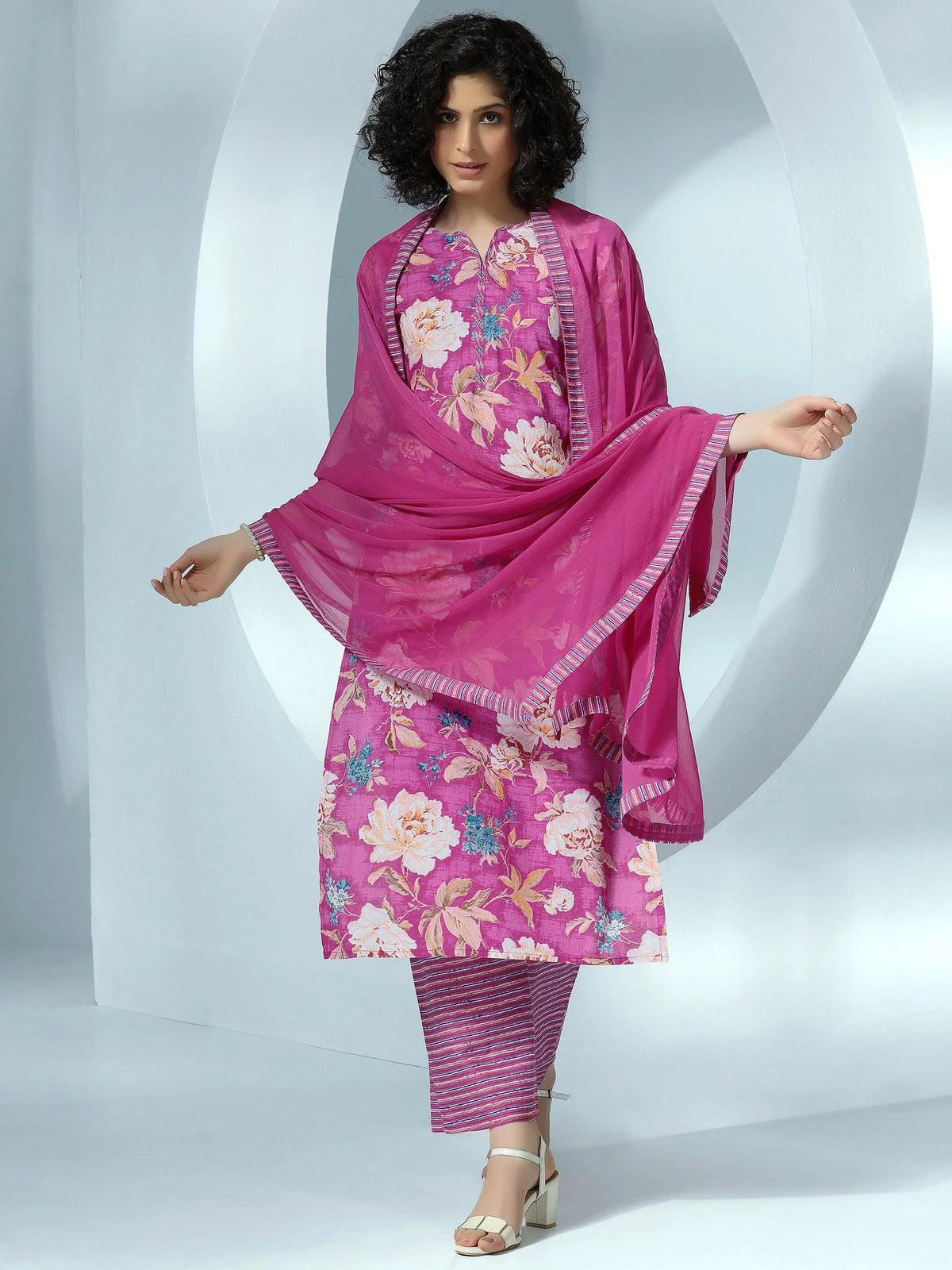 Libas Pink Printed Cotton Straight Suit With Dupatta