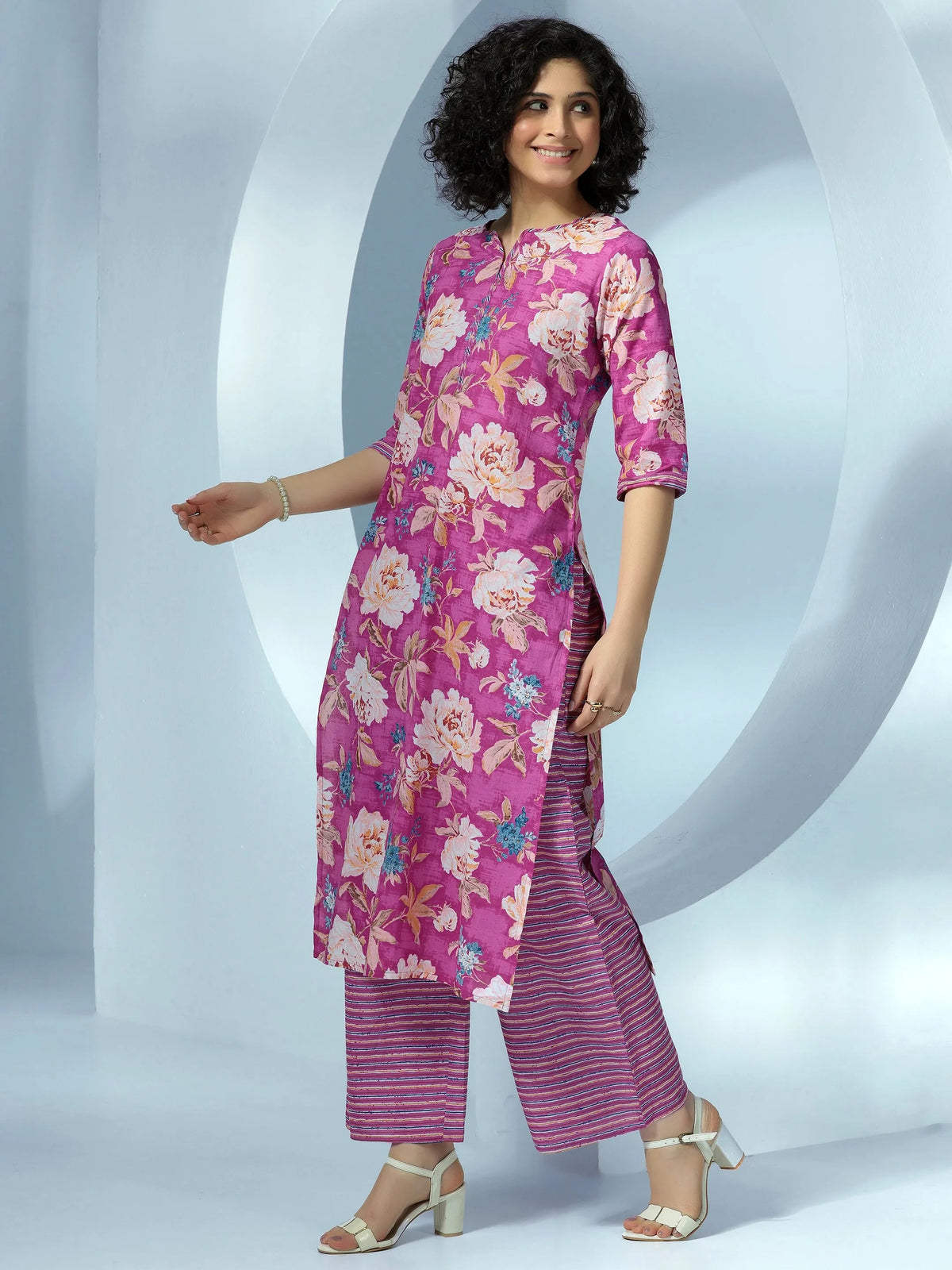 Libas Pink Printed Cotton Straight Suit With Dupatta