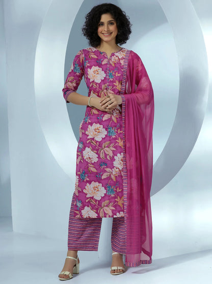 Libas Pink Printed Cotton Straight Suit With Dupatta