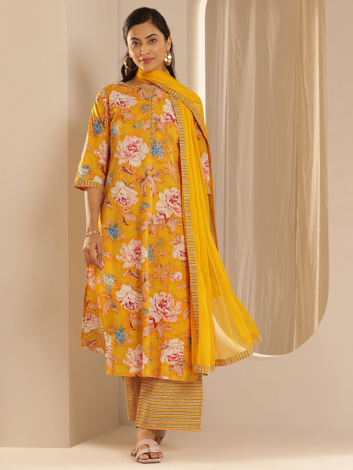 Libas Mustard Printed Cotton Straight Suit With Dupatta