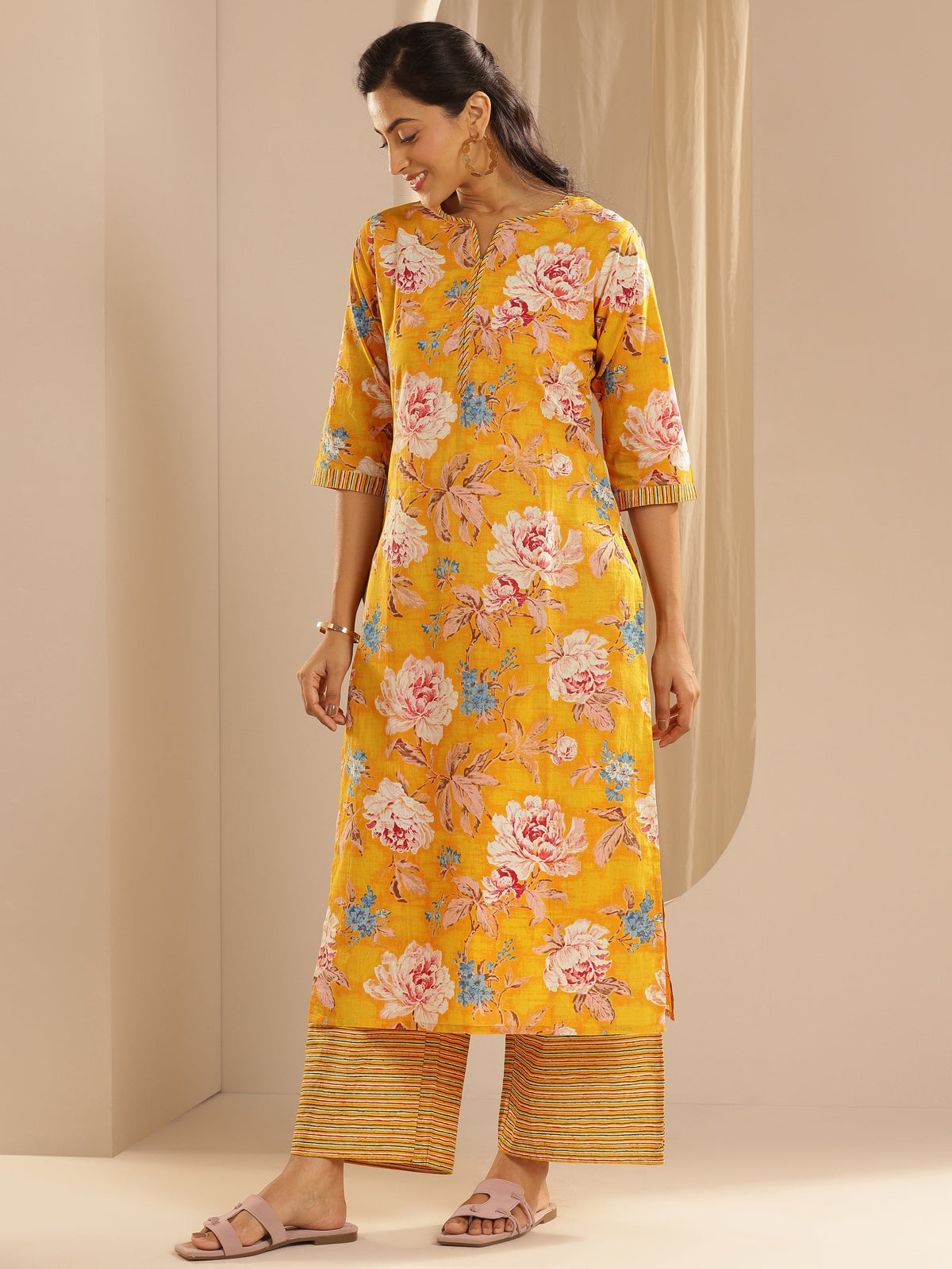 Libas Mustard Printed Cotton Straight Suit With Dupatta