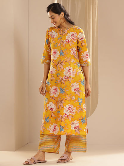 Libas Mustard Printed Cotton Straight Suit With Dupatta