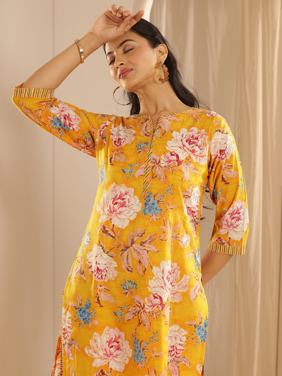 Libas Mustard Printed Cotton Straight Suit With Dupatta