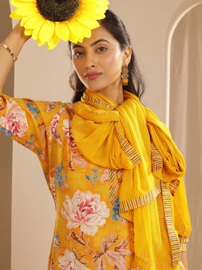 Libas Mustard Printed Cotton Straight Suit With Dupatta