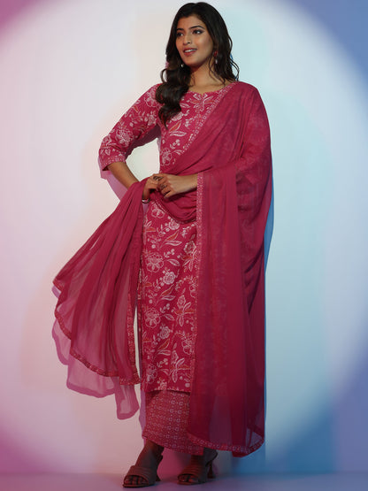 Gerua Pink Printed Cotton Blend Straight Suit With Dupatta