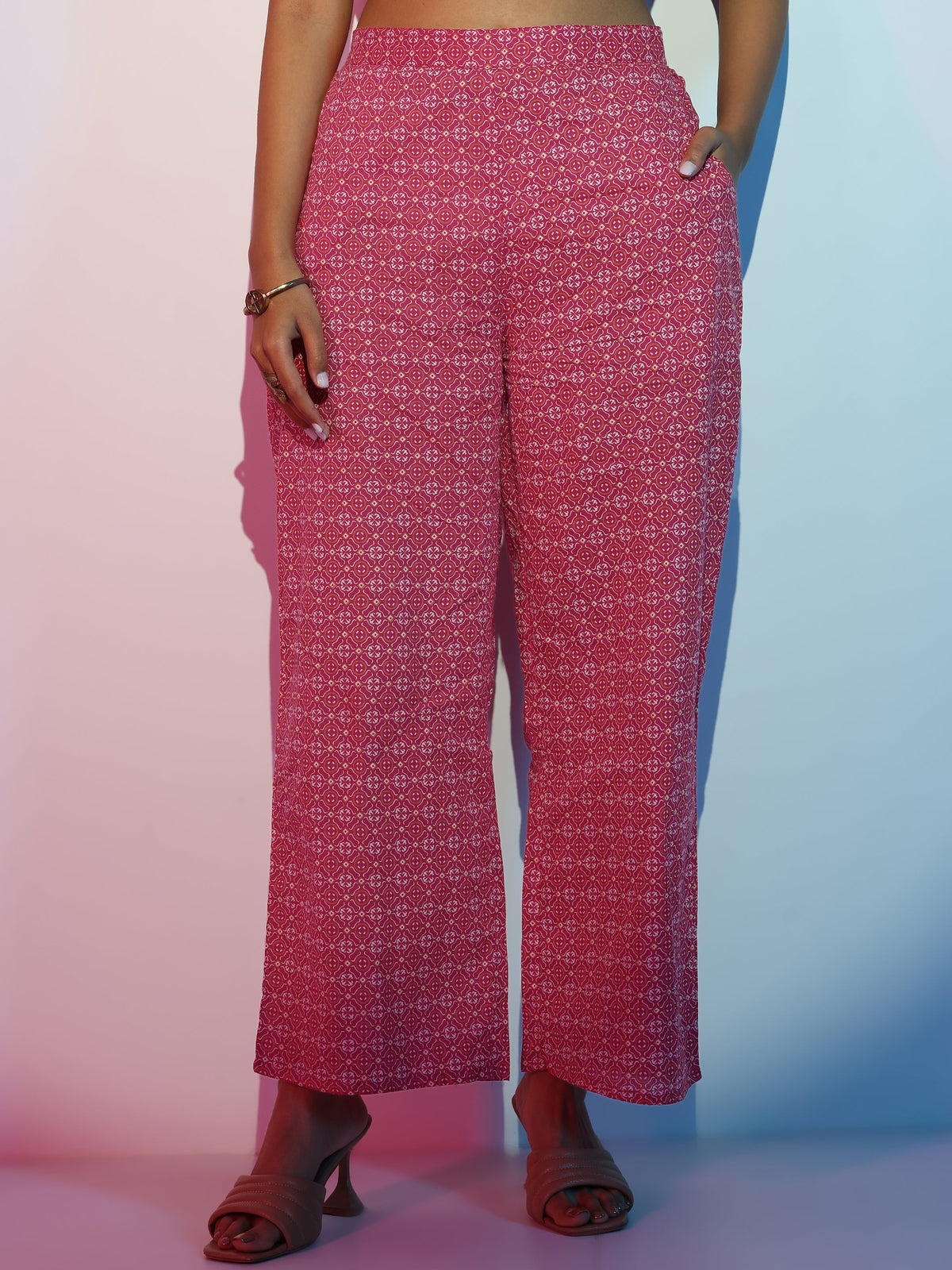 Gerua Pink Printed Cotton Blend Straight Suit With Dupatta