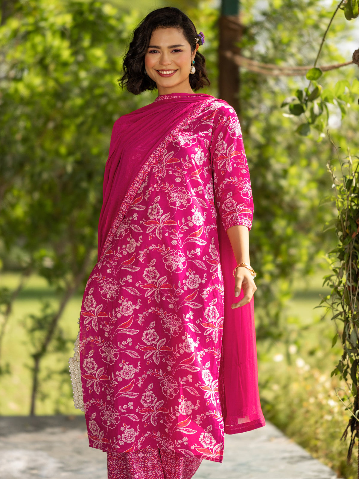 Gerua Pink Printed Cotton Blend Straight Suit With Dupatta