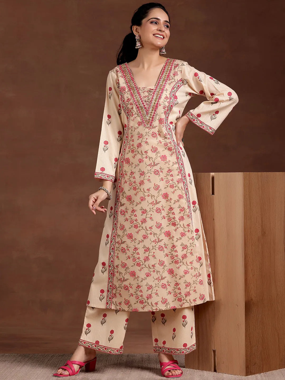Libas Beige Printed Cotton A-Line Kurta With Palazzos