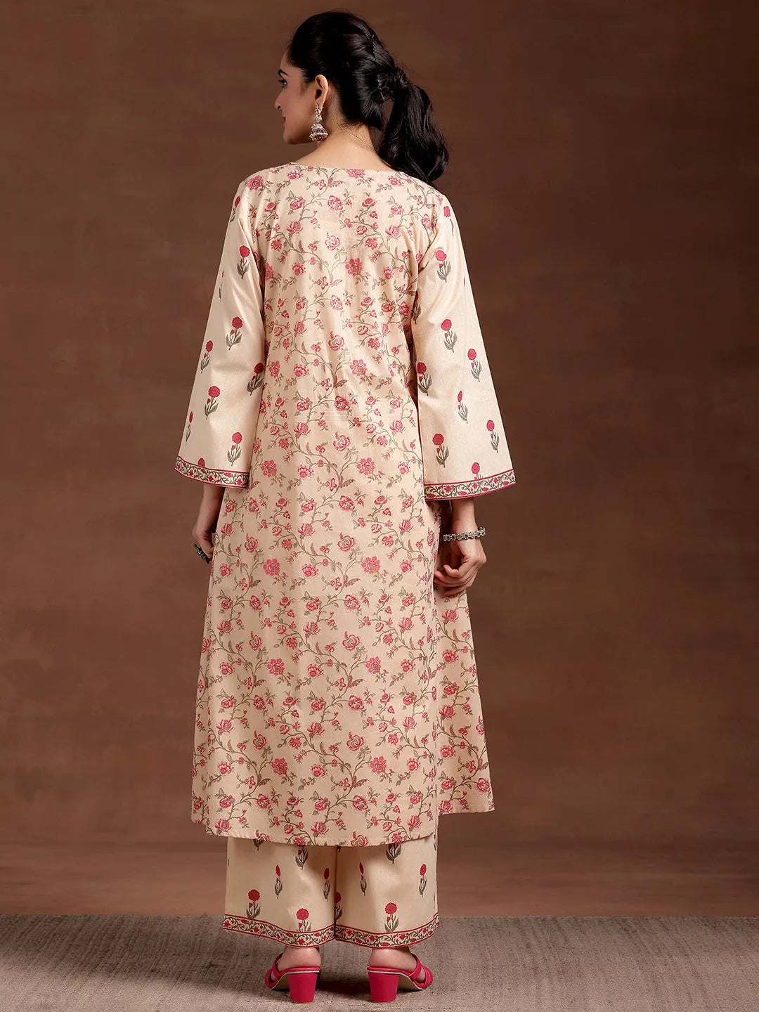 Libas Beige Printed Cotton A-Line Kurta With Palazzos