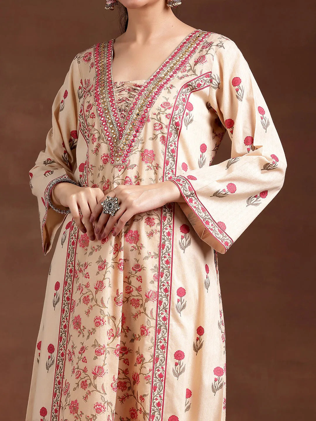 Libas Beige Printed Cotton A-Line Kurta With Palazzos