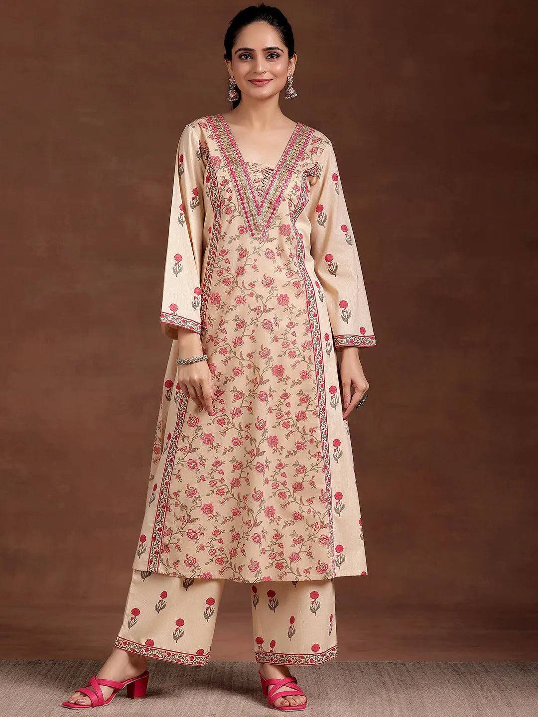 Libas Beige Printed Cotton A-Line Kurta With Palazzos