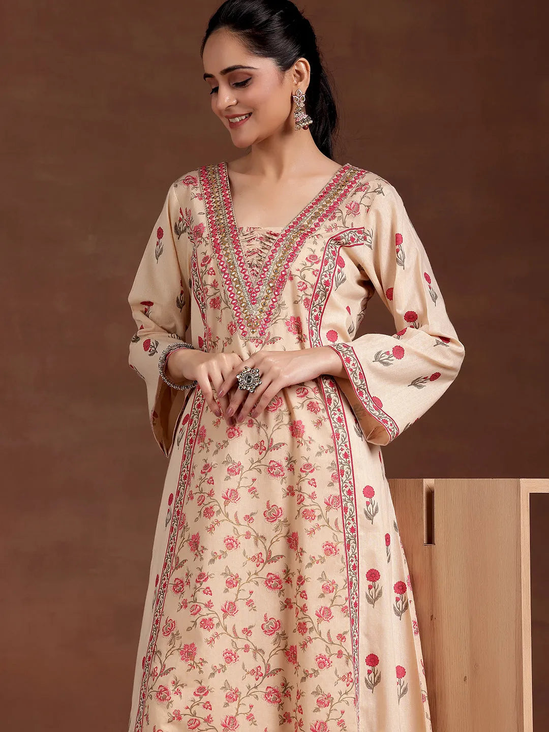 Libas Beige Printed Cotton A-Line Kurta With Palazzos