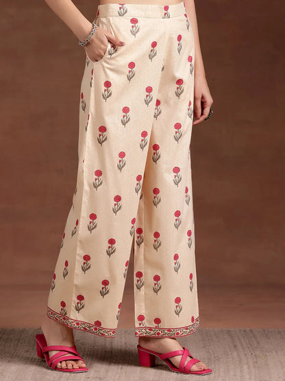 Libas Beige Printed Cotton A-Line Kurta With Palazzos