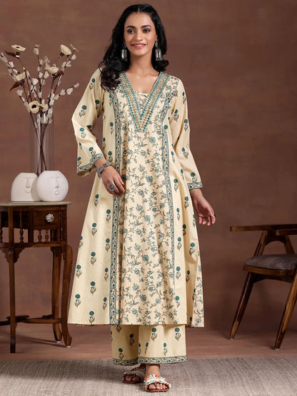 Libas Beige Printed Cotton A-Line Kurta With Palazzos