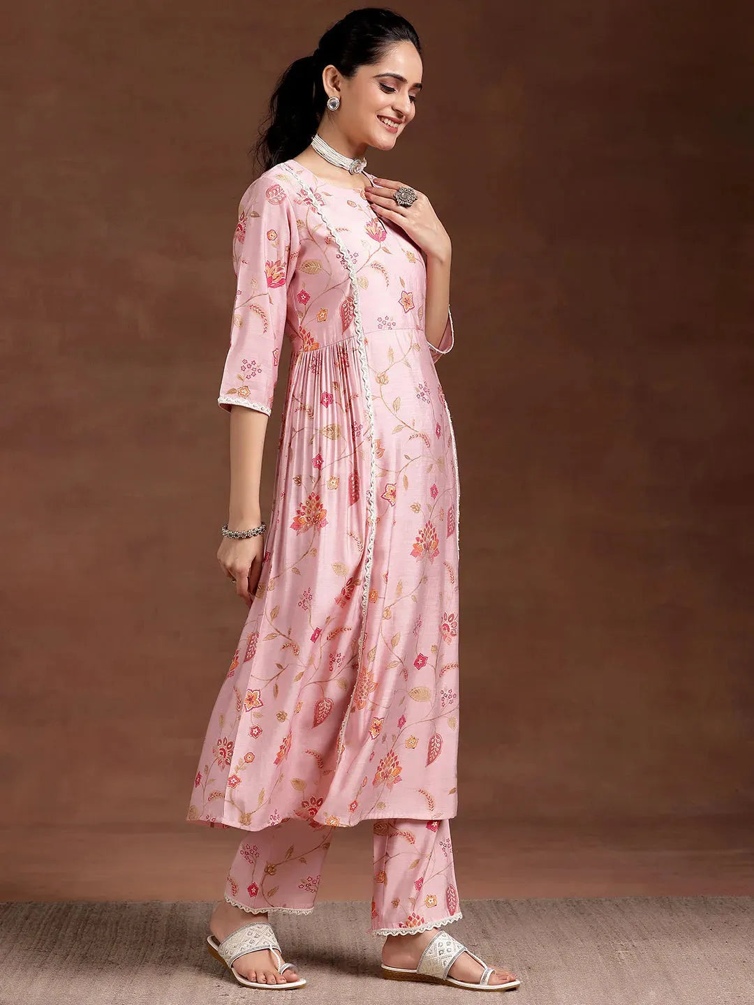 Libas Pink Printed Silk Blend A-Line Kurta With Trousers