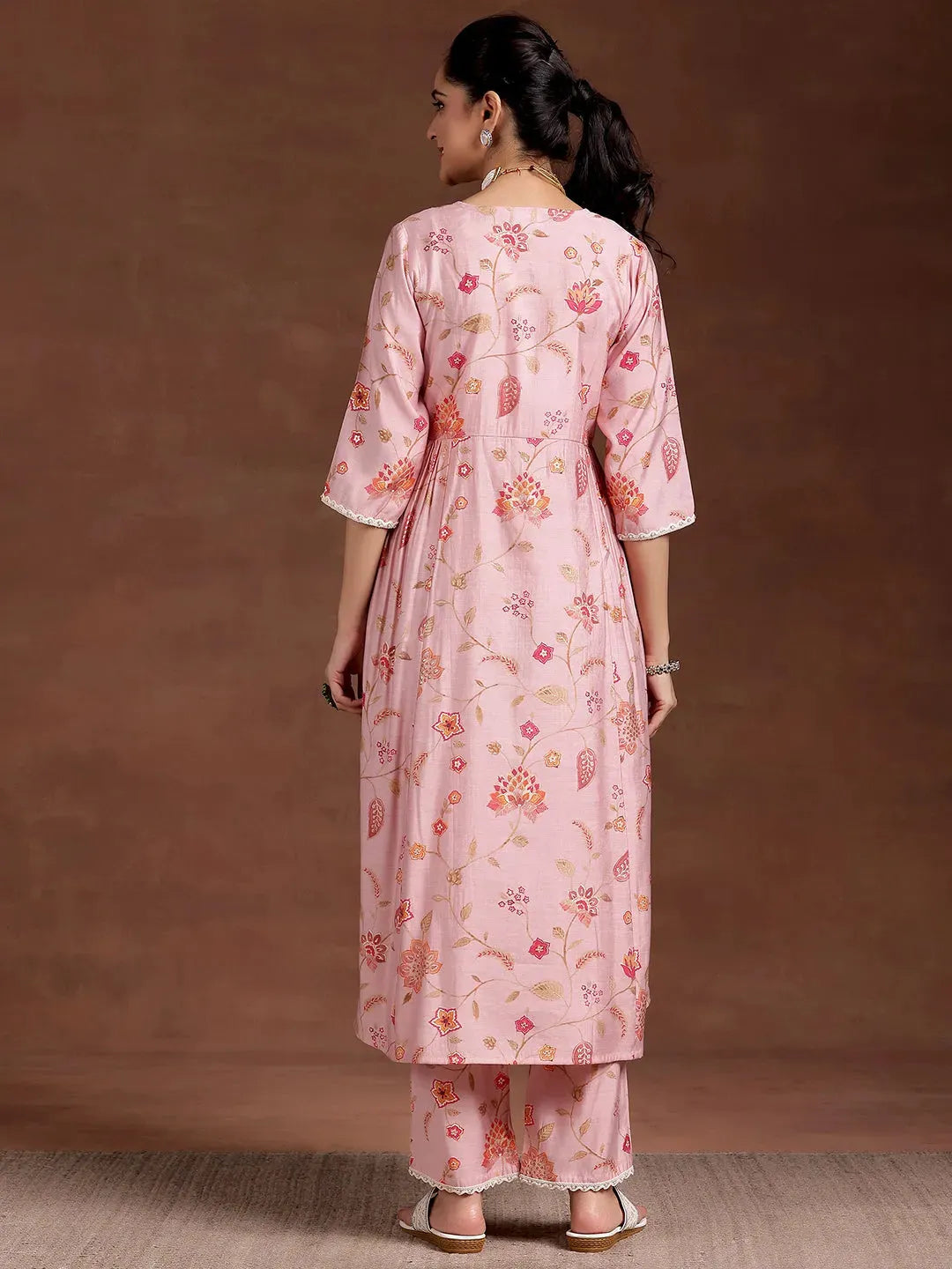 Libas Pink Printed Silk Blend A-Line Kurta With Trousers