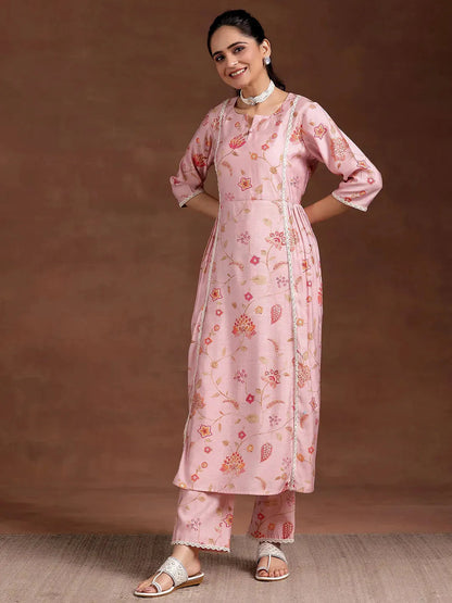 Libas Pink Printed Silk Blend A-Line Kurta With Trousers