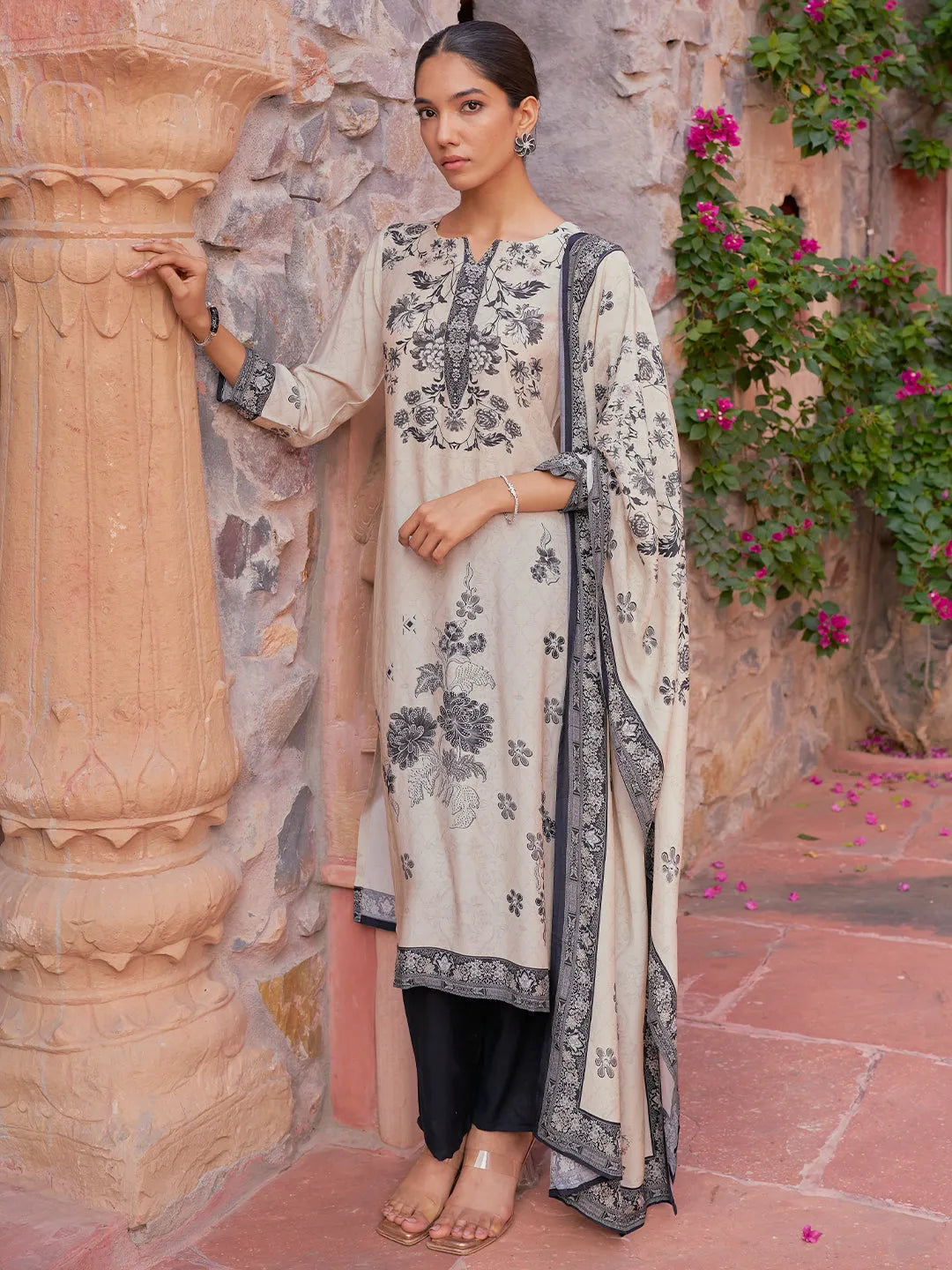 Libas Monochrome Printed Silk Blend Straight Suit With Dupatta