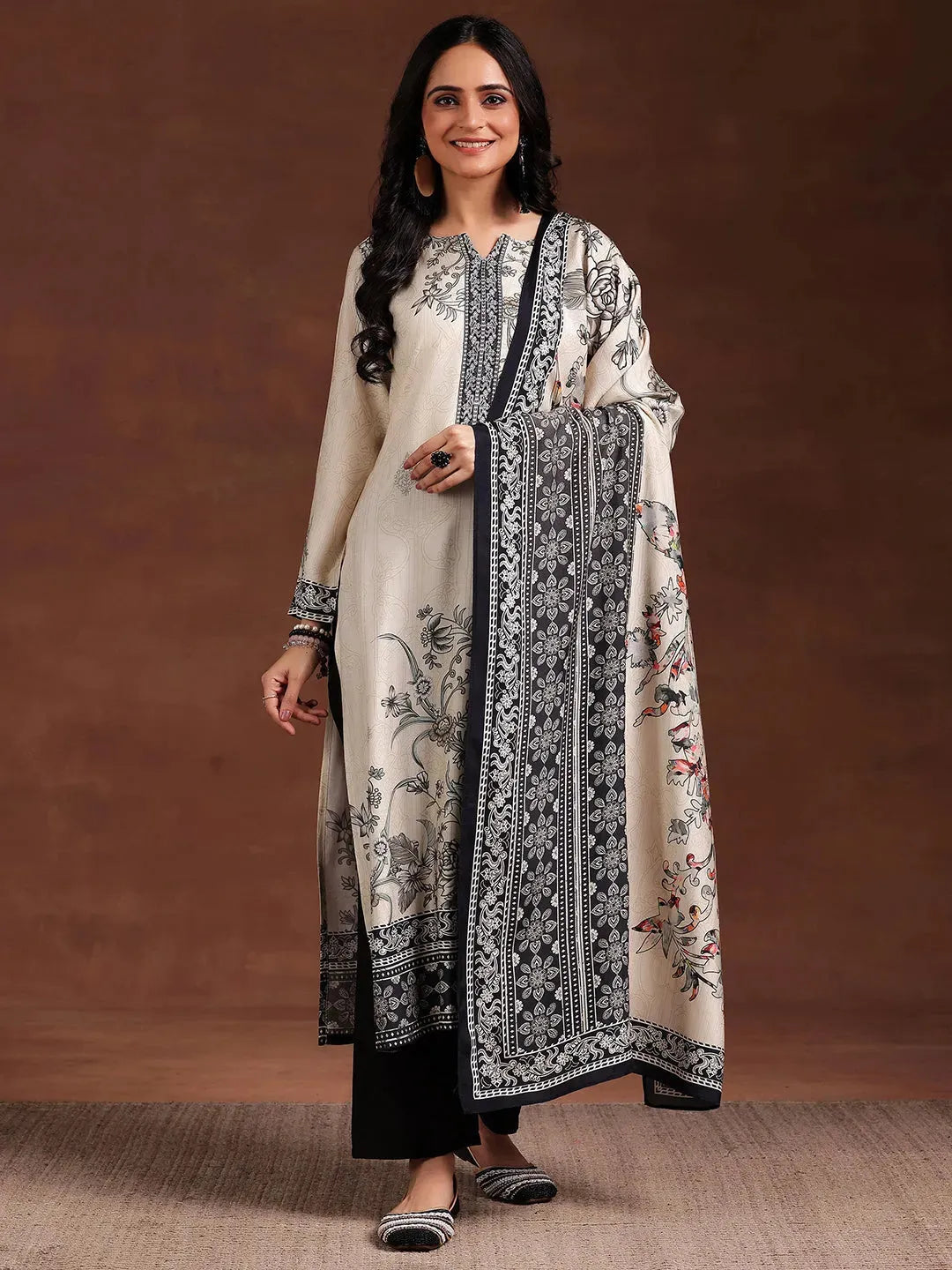Libas Monochrome Printed Silk Blend Straight Suit With Dupatta