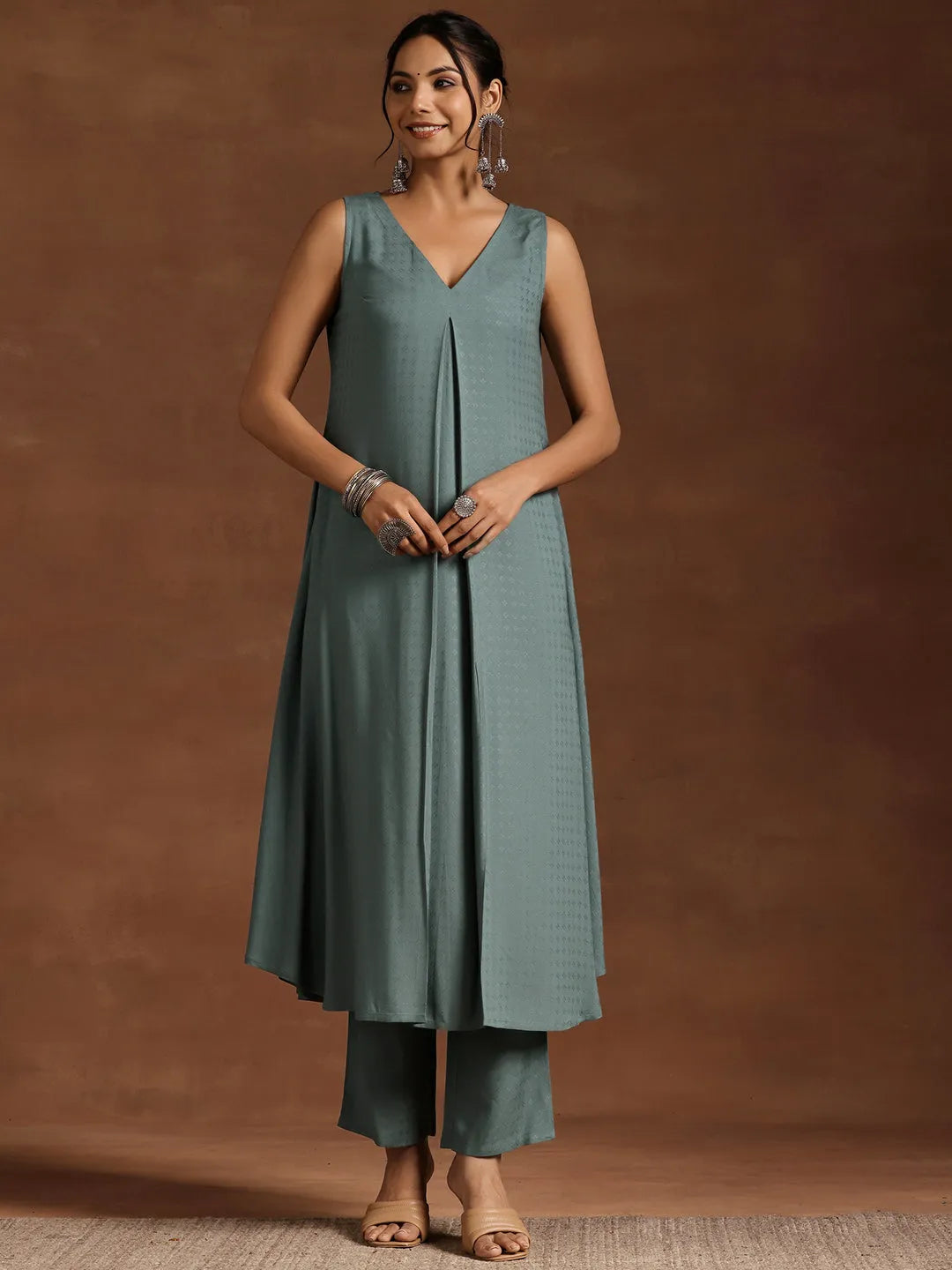 Libas Grey Woven Design Rayon A-Line Kurta With Trousers