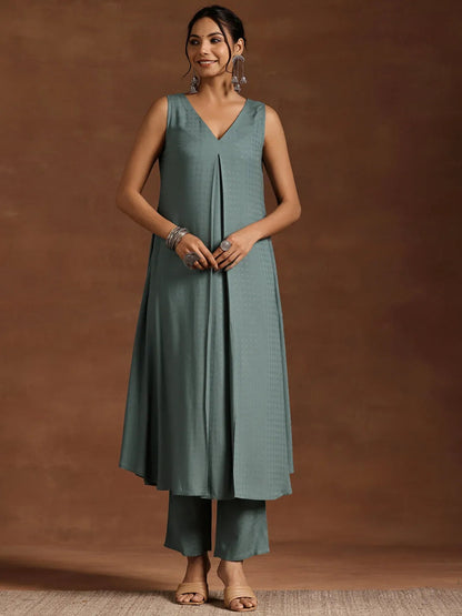Libas Grey Woven Design Rayon A-Line Kurta With Trousers