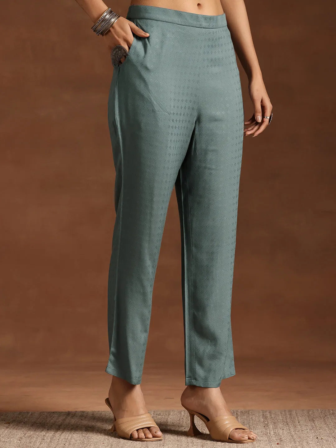 Libas Grey Woven Design Rayon A-Line Kurta With Trousers