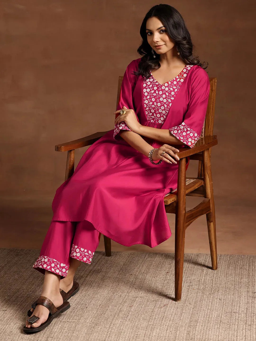 Libas Pink Yoke Design Silk Blend A-Line Kurta With Trousers