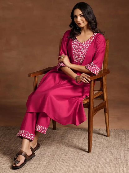 Libas Pink Yoke Design Silk Blend A-Line Kurta With Trousers